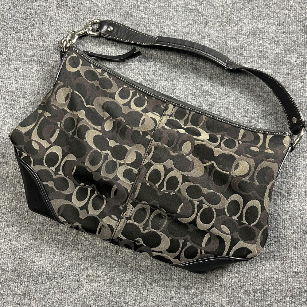 Coach Shoulder Bag Womens Medium Black Logo Canvas Leather Zip Purse Handbag